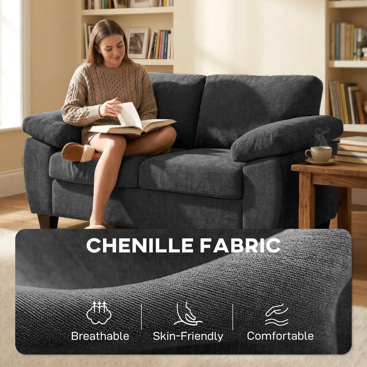 2 Seater Sofa, Chenille Small Sofa with Spring Cushions, Dark Grey