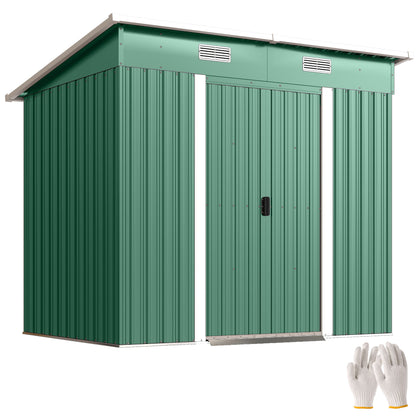 7 x 4ft Outdoor Storage Shed with Foundation Kit, Lean to Metal Garden Shed for Log, Rubbish Bin, Tool, Lawnmower, Bike, Patio Use, Green