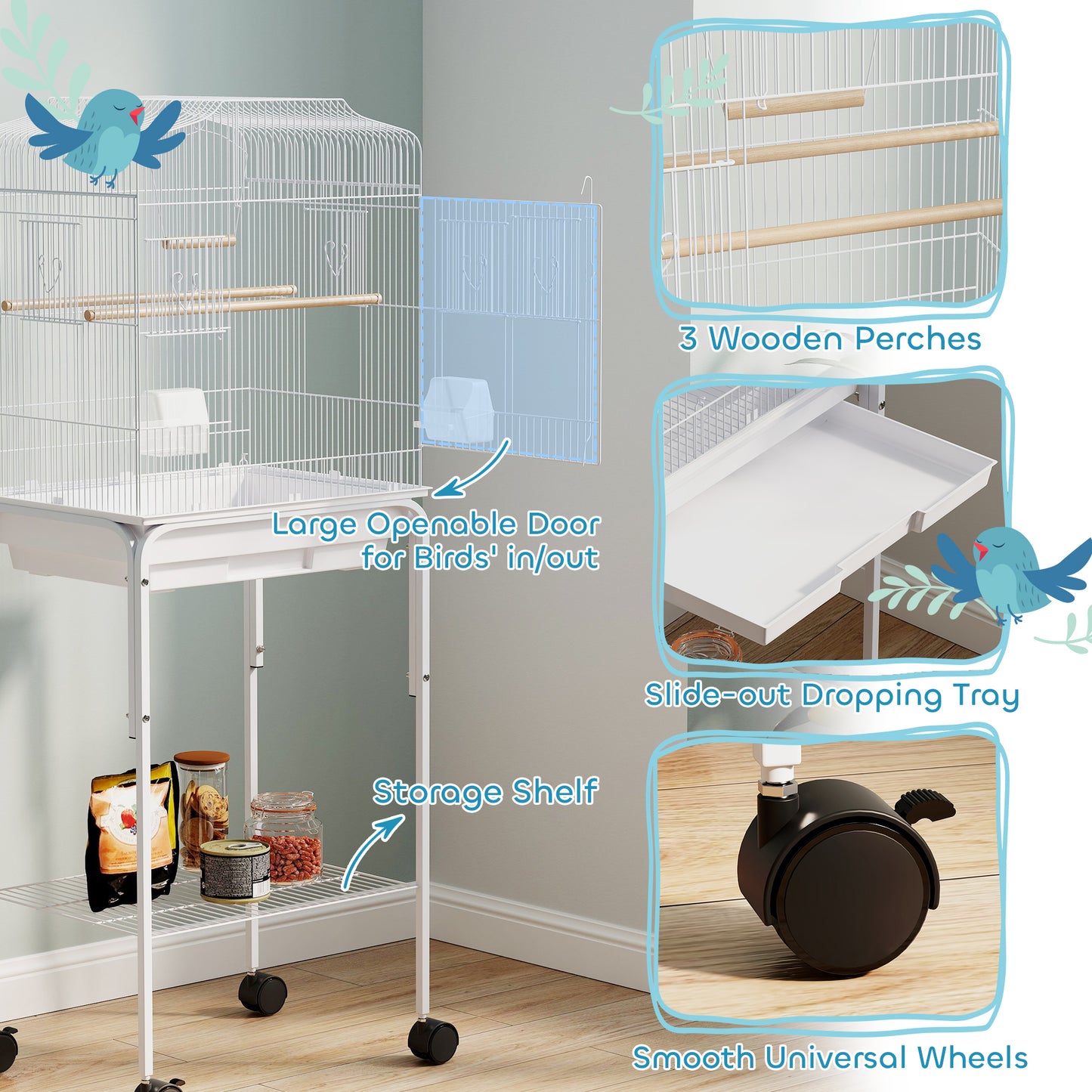 Bird Cage for Budgie Finch Canary Parakeet W/ Stand Tray White