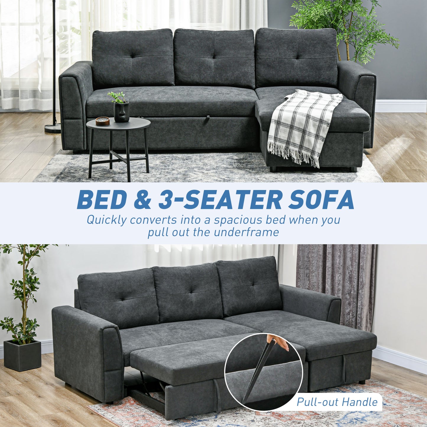 3 Seater Linen Look L-Shaped Corner Sofa, Pull Out Sofa with Storage Compartment In Dark Grey (Hurry Limited Stock)