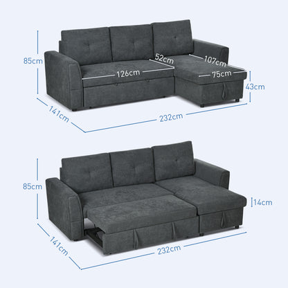 3 Seater Linen Look L-Shaped Corner Sofa, Pull Out Sofa with Storage Compartment In Dark Grey (Hurry Limited Stock)