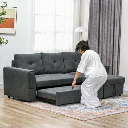 3 Seater Linen Look L-Shaped Corner Sofa, Pull Out Sofa with Storage Compartment In Dark Grey (Hurry Limited Stock)