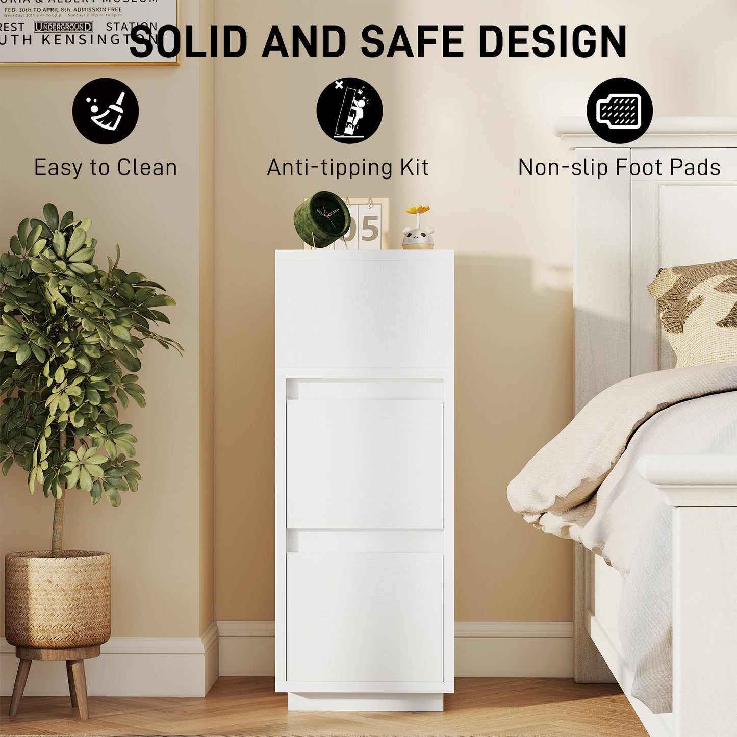Slim Bedside Table, Bedside Cabinet with Open Shelf and 2 Drawers