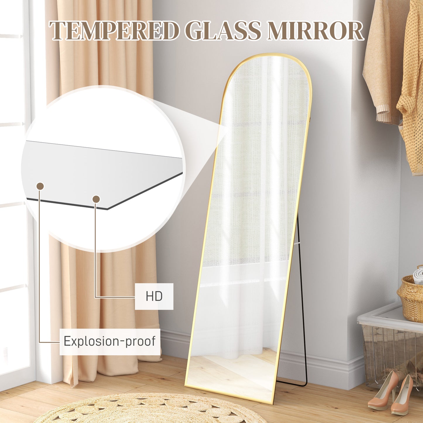 Full Length Mirror with Aluminium Alloy Frame Hanging or Leaning Gold