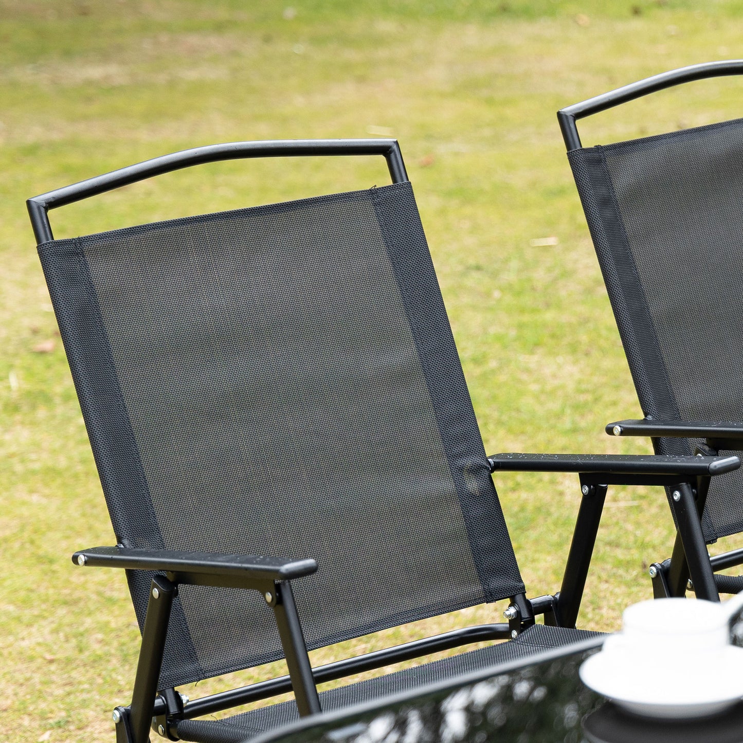 8 Pcs Garden Table and Chairs with Parasol Tempered Glass Top Black