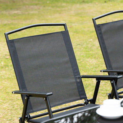 8 Pcs Garden Table and Chairs with Parasol Tempered Glass Top Black