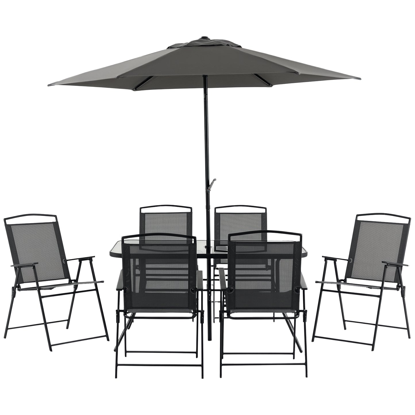 8 Pcs Garden Table and Chairs with Parasol Tempered Glass Top Black