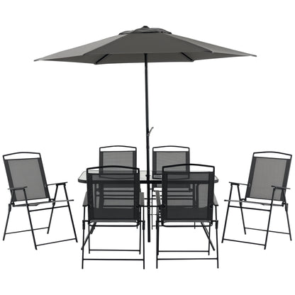 8 Pcs Garden Table and Chairs with Parasol Tempered Glass Top Black