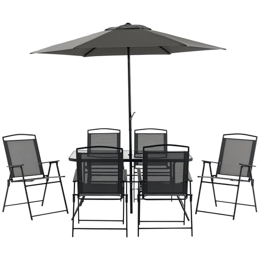 8 Pcs Garden Table and Chairs with Parasol Tempered Glass Top Black