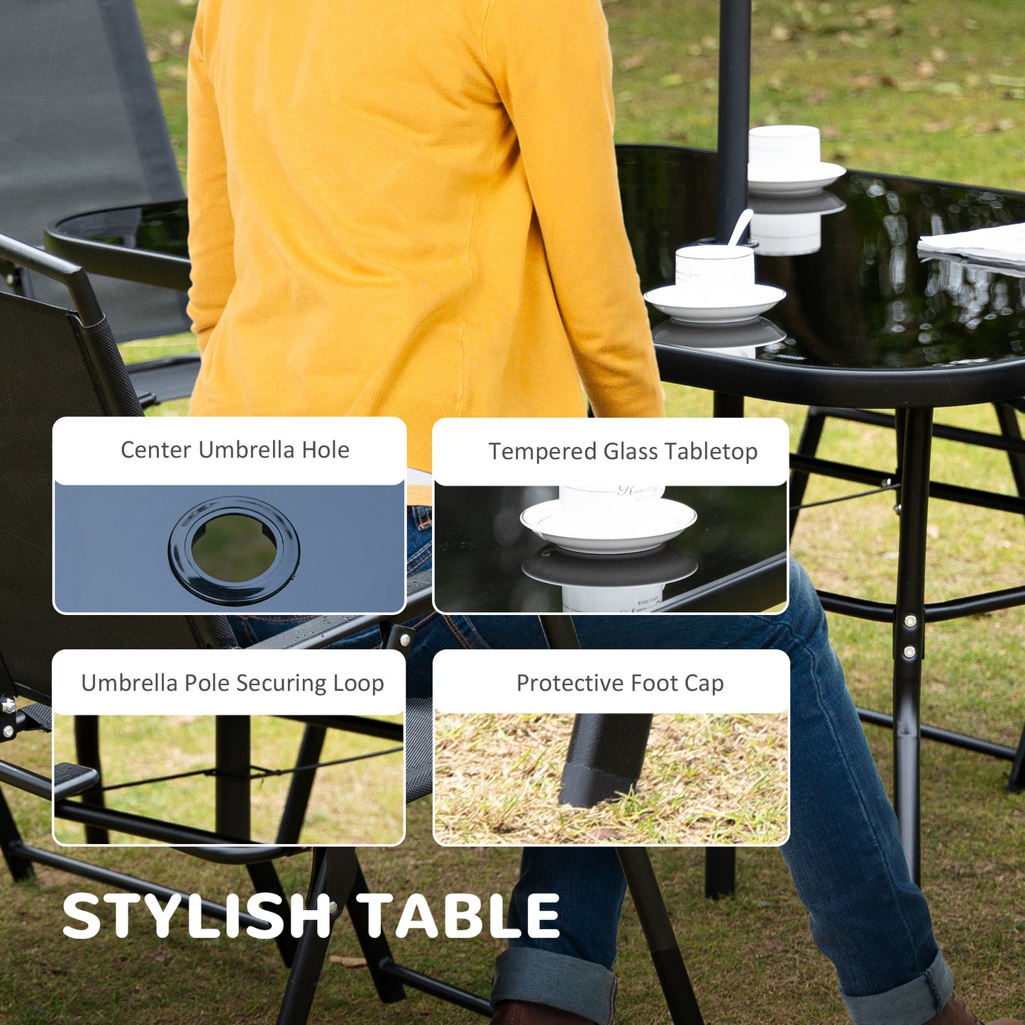 8 Pcs Garden Table and Chairs with Parasol Tempered Glass Top Black