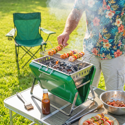 Charcoal BBQ Grill Portable with Tilting Grate Dark Green