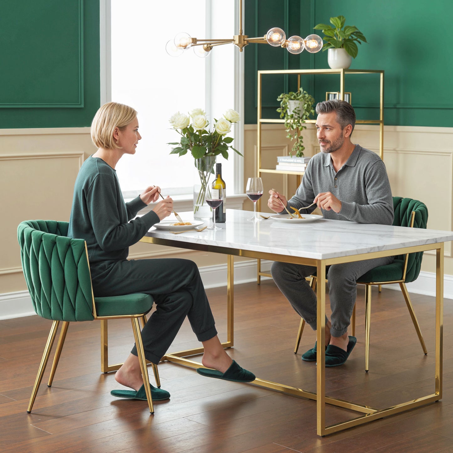 Upholstered Kitchen Chairs Set of 2 with Woven Backrest, Dark Green