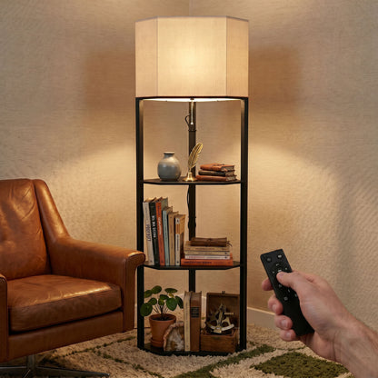 Corner Floor Lamp with Shelves and Lights, Modern Dimmable Standing Lamp with 3000K/4000K/6000K Colour Temperature, Chain Switch & Remote Control for Living Room, Bedroom, Black