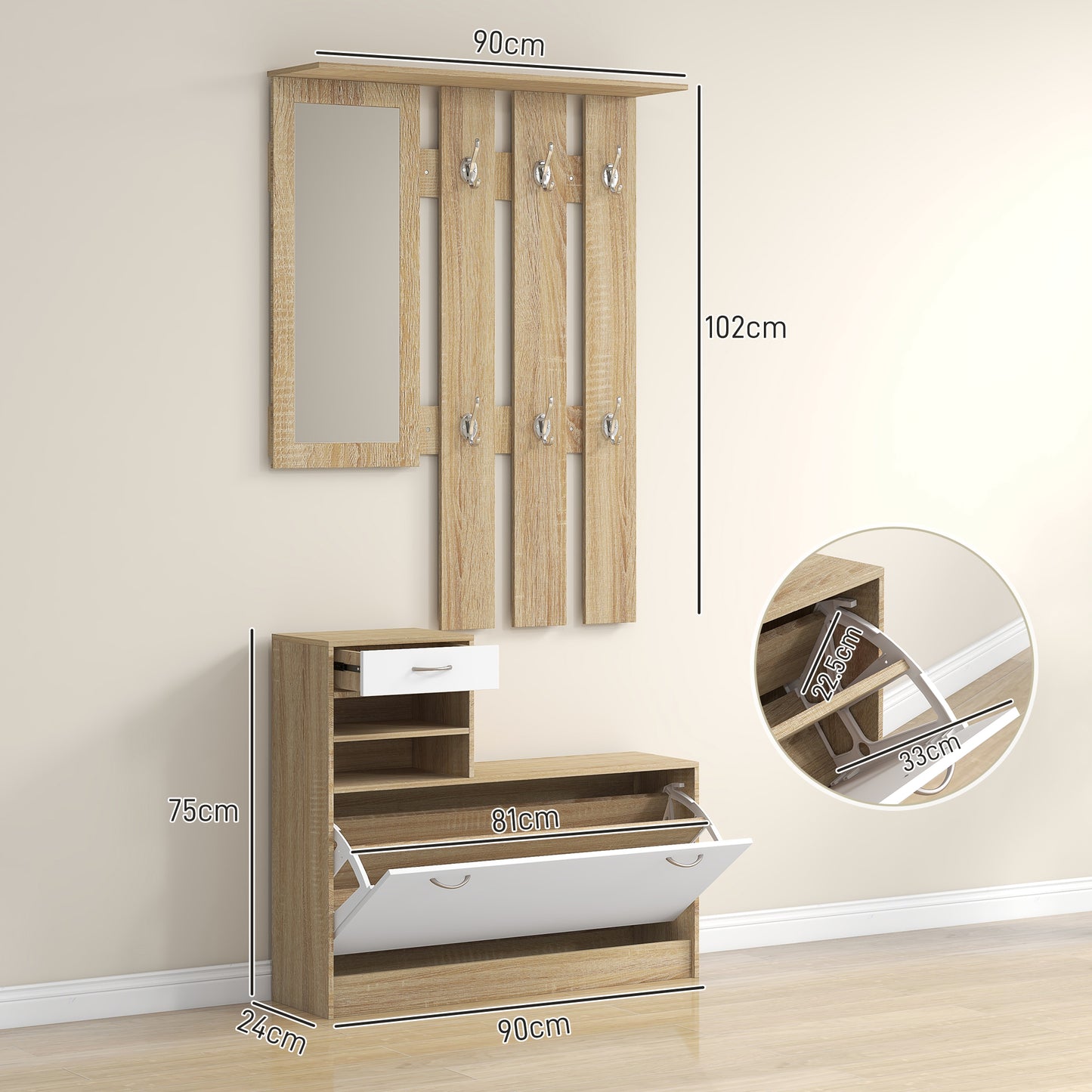 Hallway Furniture Set with Shoe Cabinet, Coat Rack and Mirror