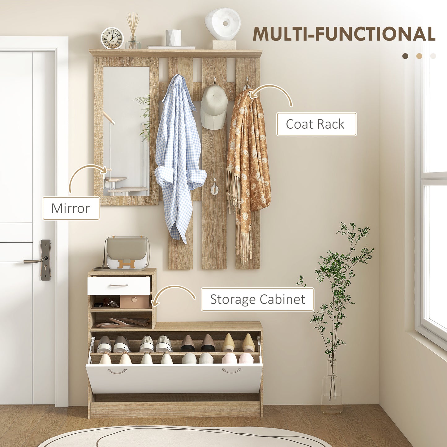 Hallway Furniture Set with Shoe Cabinet, Coat Rack and Mirror