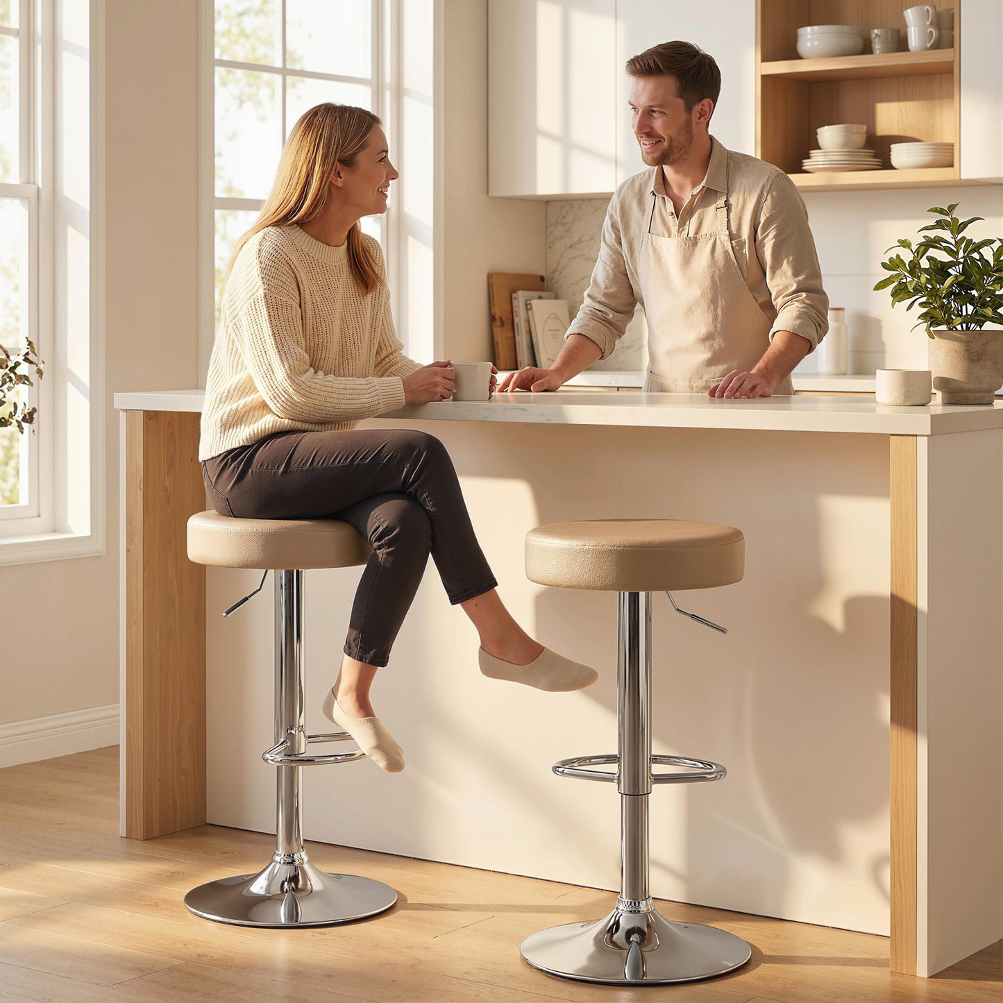 Bar Stools Set of 2, Height Adjustable Breakfast Bar Chairs, Brown