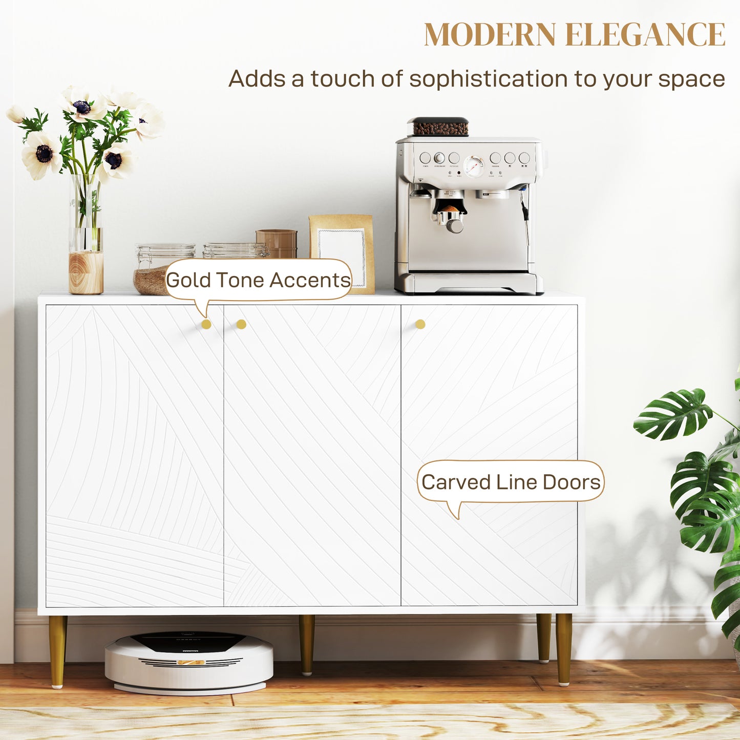 Sideboard Storage Cabinet with 3 Carved Line Doors and 5 Legs White