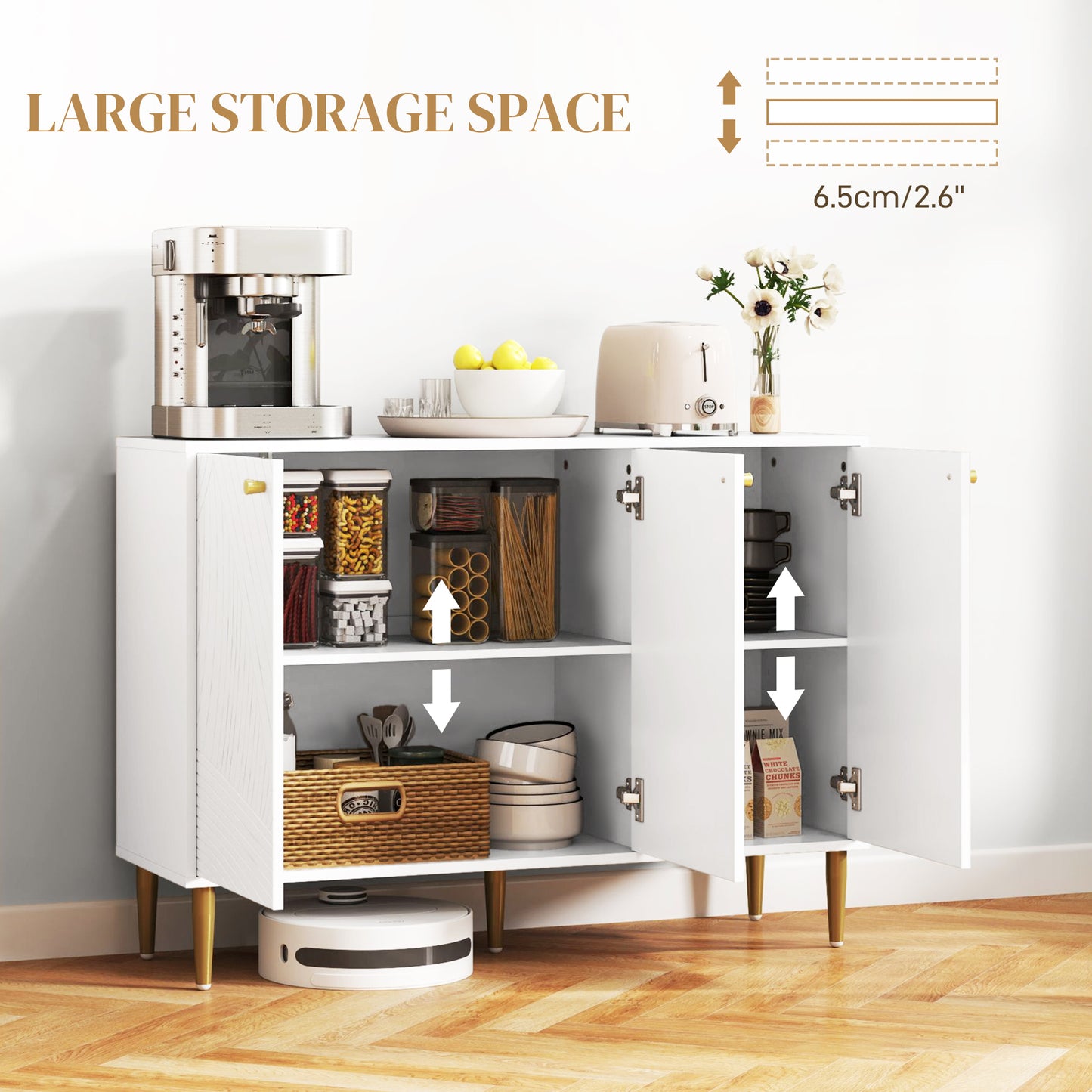 Sideboard Storage Cabinet with 3 Carved Line Doors and 5 Legs White