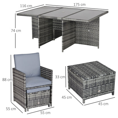 Outdoor 11pc Rattan Garden Furniture Patio Dining Set 10-seater Cube Set Weave Wicker 6 Chairs 4 Footrests & 1 Table Mixed Grey