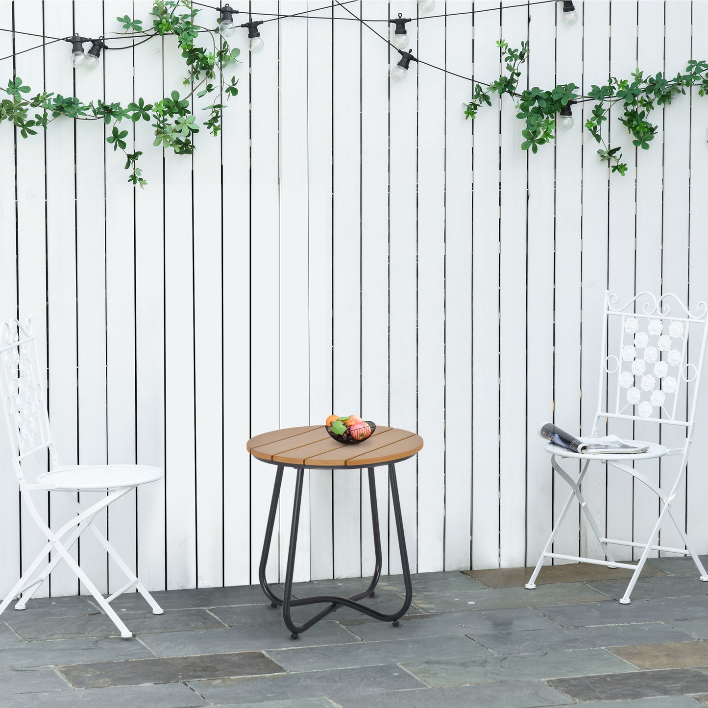 Round Outdoor Side Table Adjustable Leg Pads Natural Wood & Black