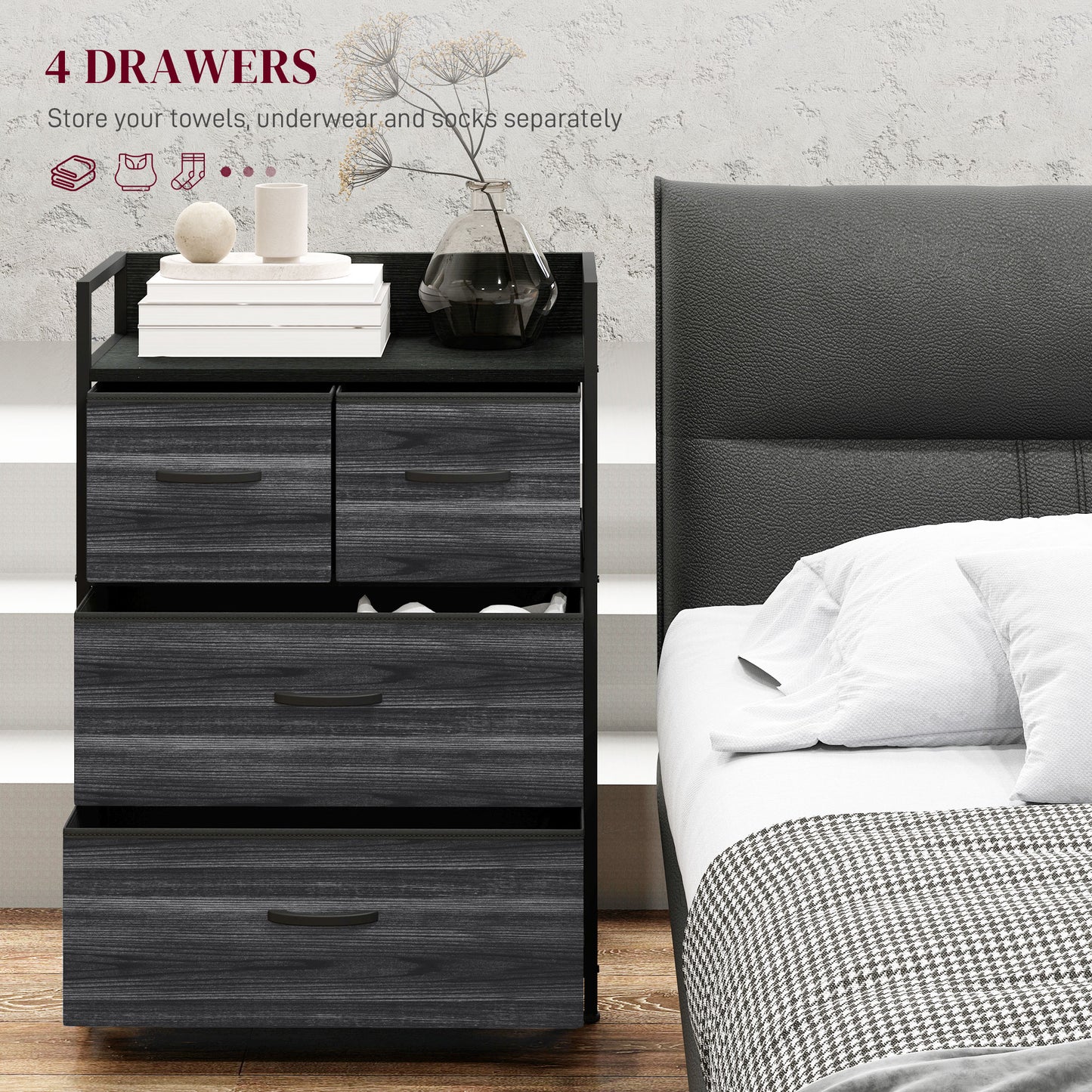 Bedroom Chest of Drawers 4 Drawer Dresser w/ Shelf, Black