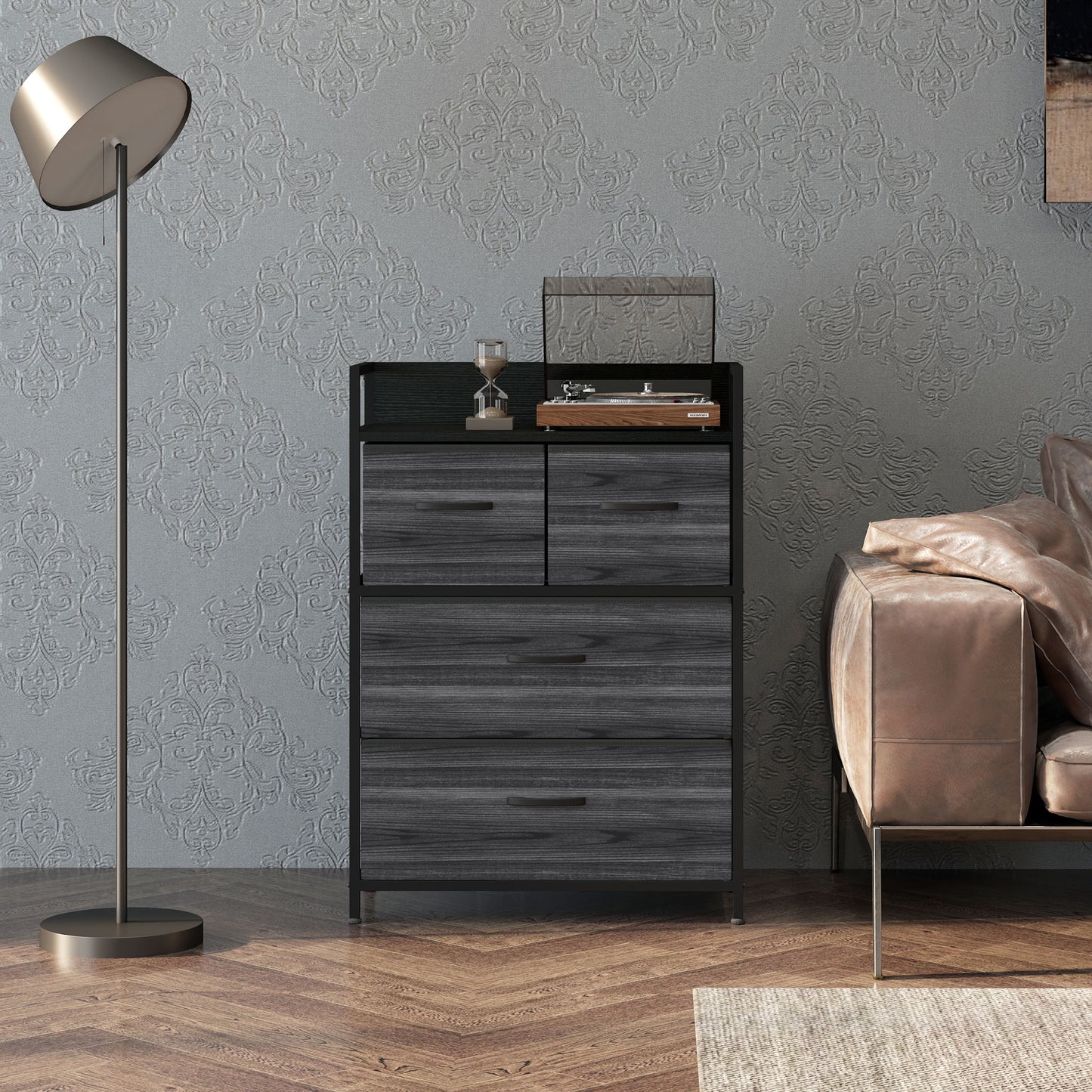 Bedroom Chest of Drawers 4 Drawer Dresser w/ Shelf, Black