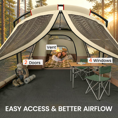 4 Person Easy Setup Family Camping Tent with 2 Rooms, Waterproof Tunnel Tent w/ Sewn In Groundsheet, Doors, Windows, Skylights and Carrying Bag, Brown & Khaki