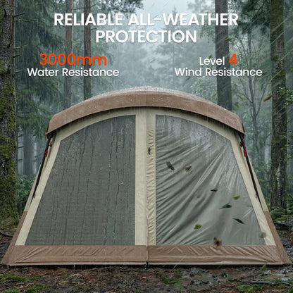 4 Person Easy Setup Family Camping Tent with 2 Rooms, Waterproof Tunnel Tent w/ Sewn In Groundsheet, Doors, Windows, Skylights and Carrying Bag, Brown & Khaki