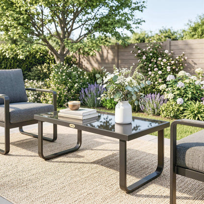 Garden Coffee Table Outdoor Side Table with Glass Top Black