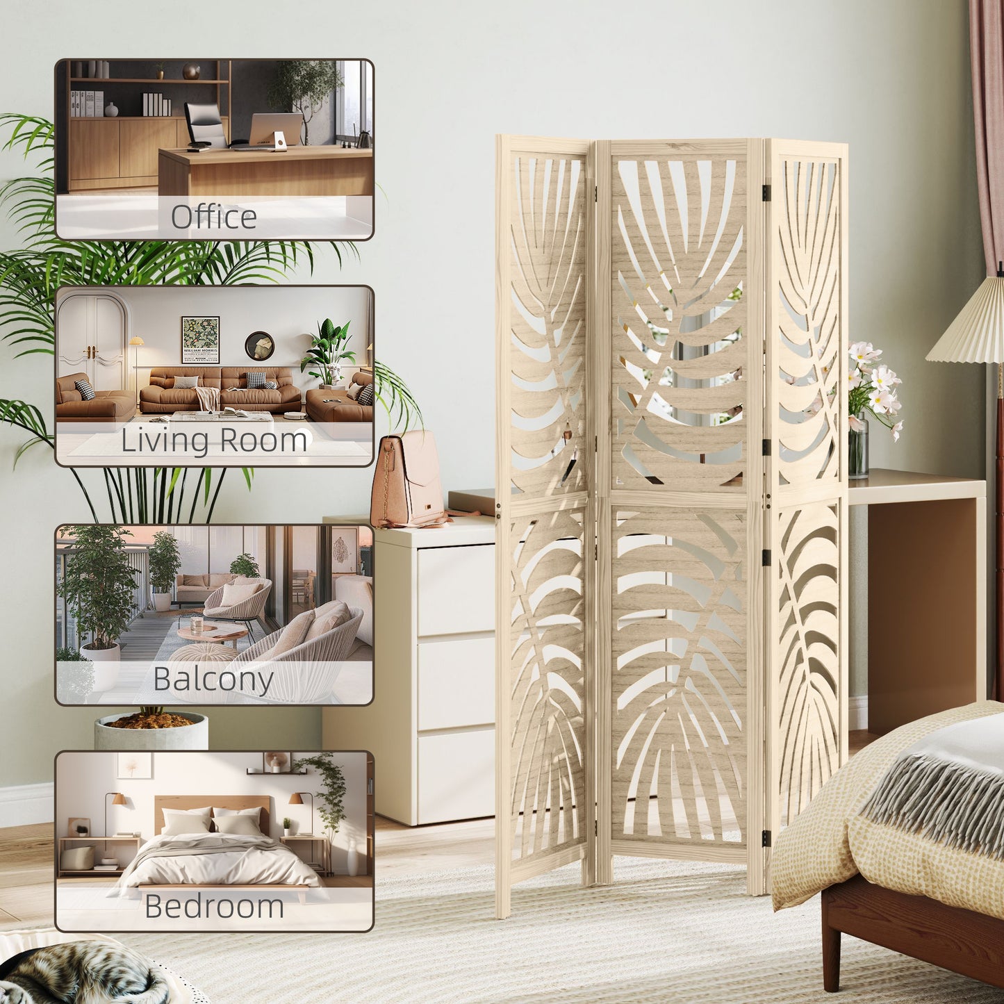3 Panel Room Divider, Detachable Privacy Screens, Natural Wood