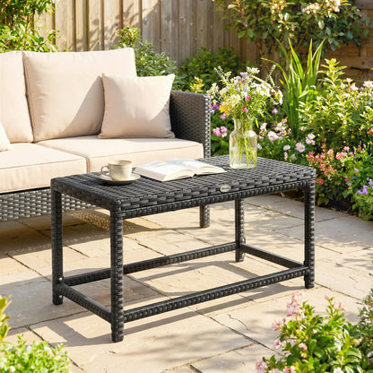 Outdoor Coffee Table, PE Rattan Side Table w/ Plastic Board, Black