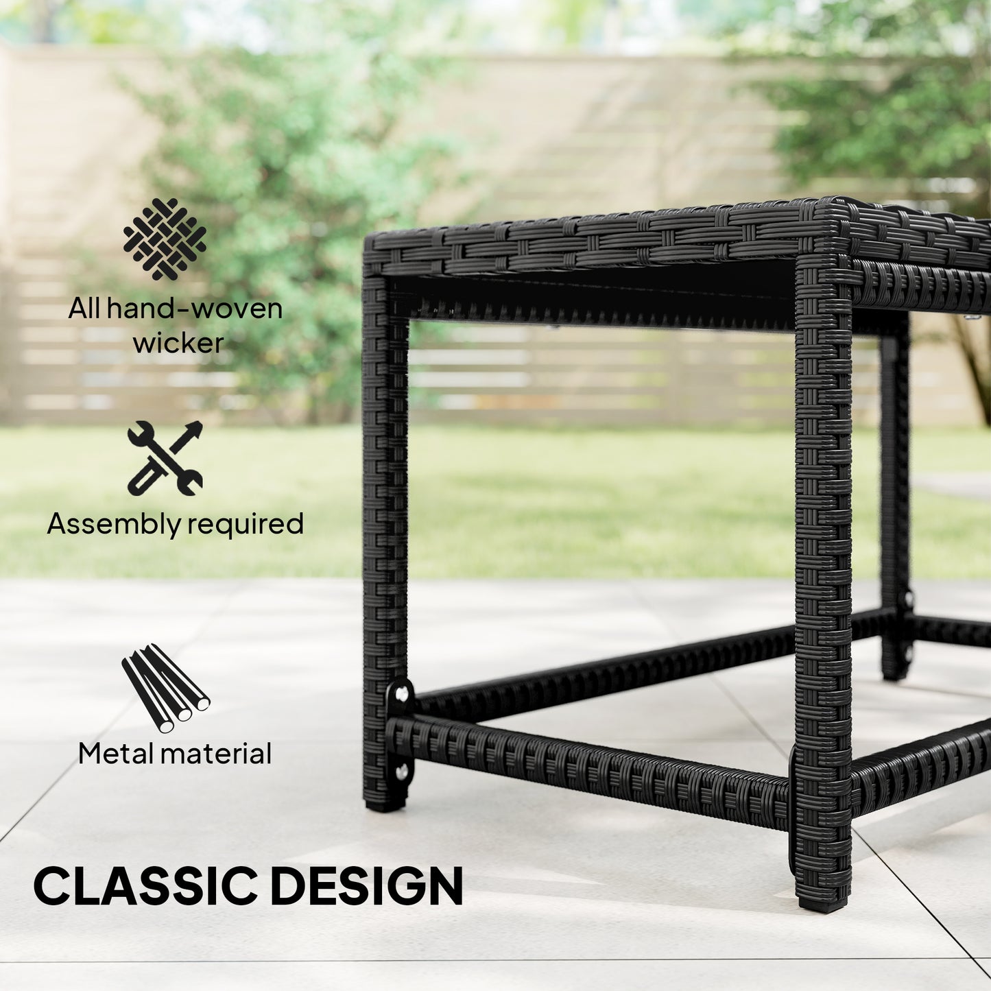 Outdoor Coffee Table, PE Rattan Side Table w/ Plastic Board, Black