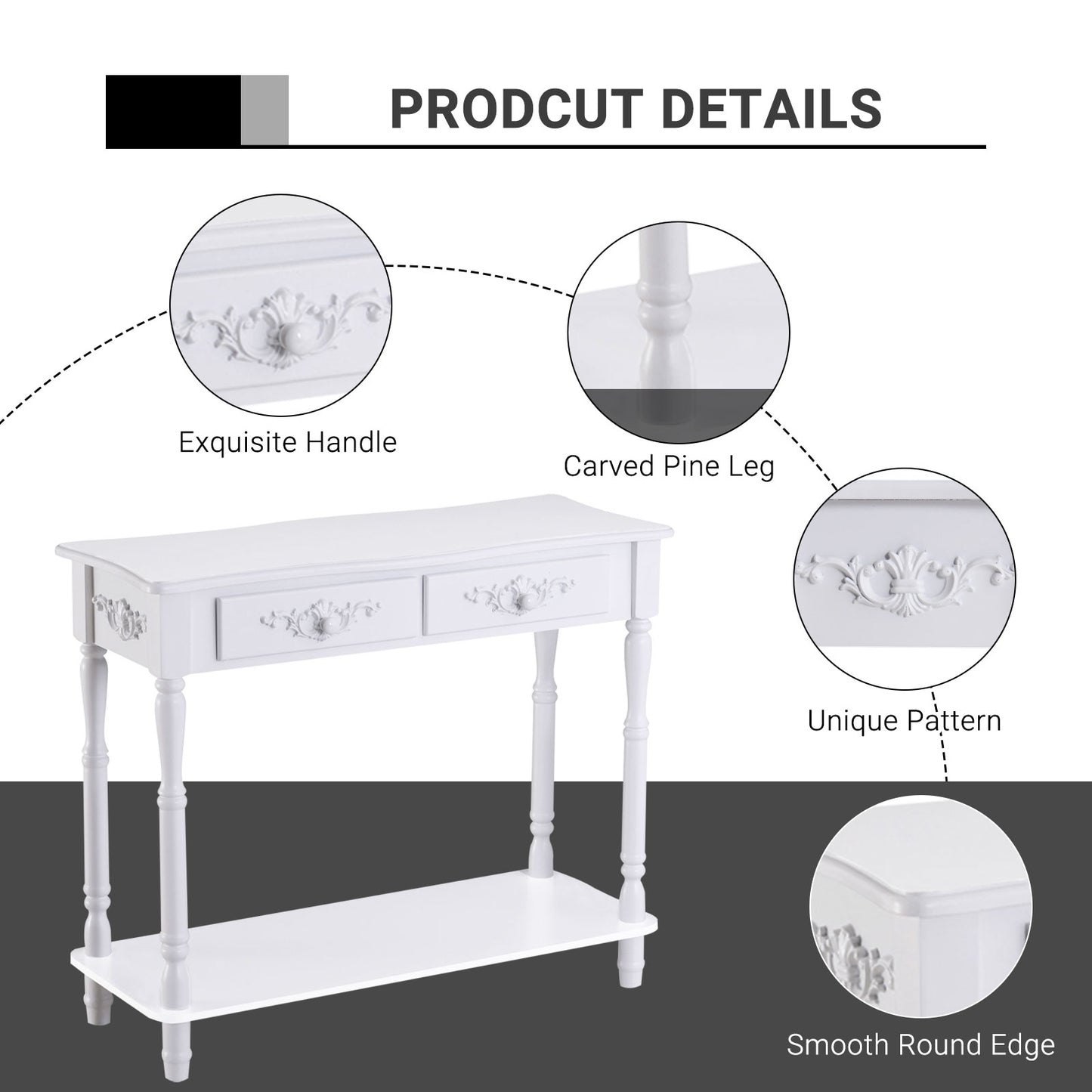 Wooden Console Table with Storage Shelf Two Drawers for Entryway White