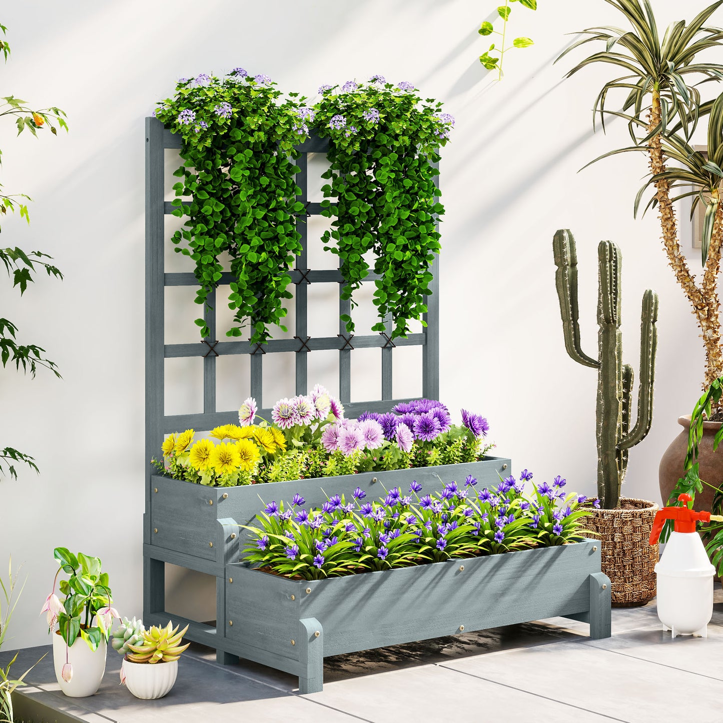 2-Tier Wooden Raised Bed with Trellis and Drainage Holes, Grey