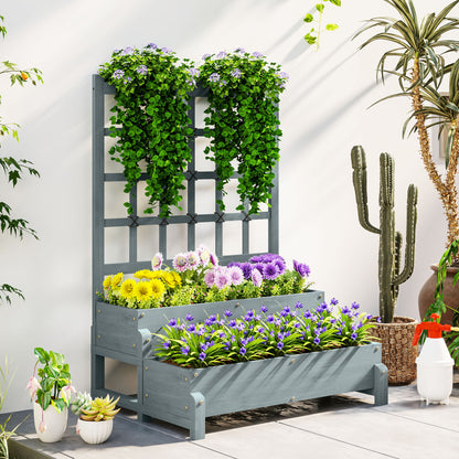 2-Tier Wooden Raised Bed with Trellis and Drainage Holes, Grey