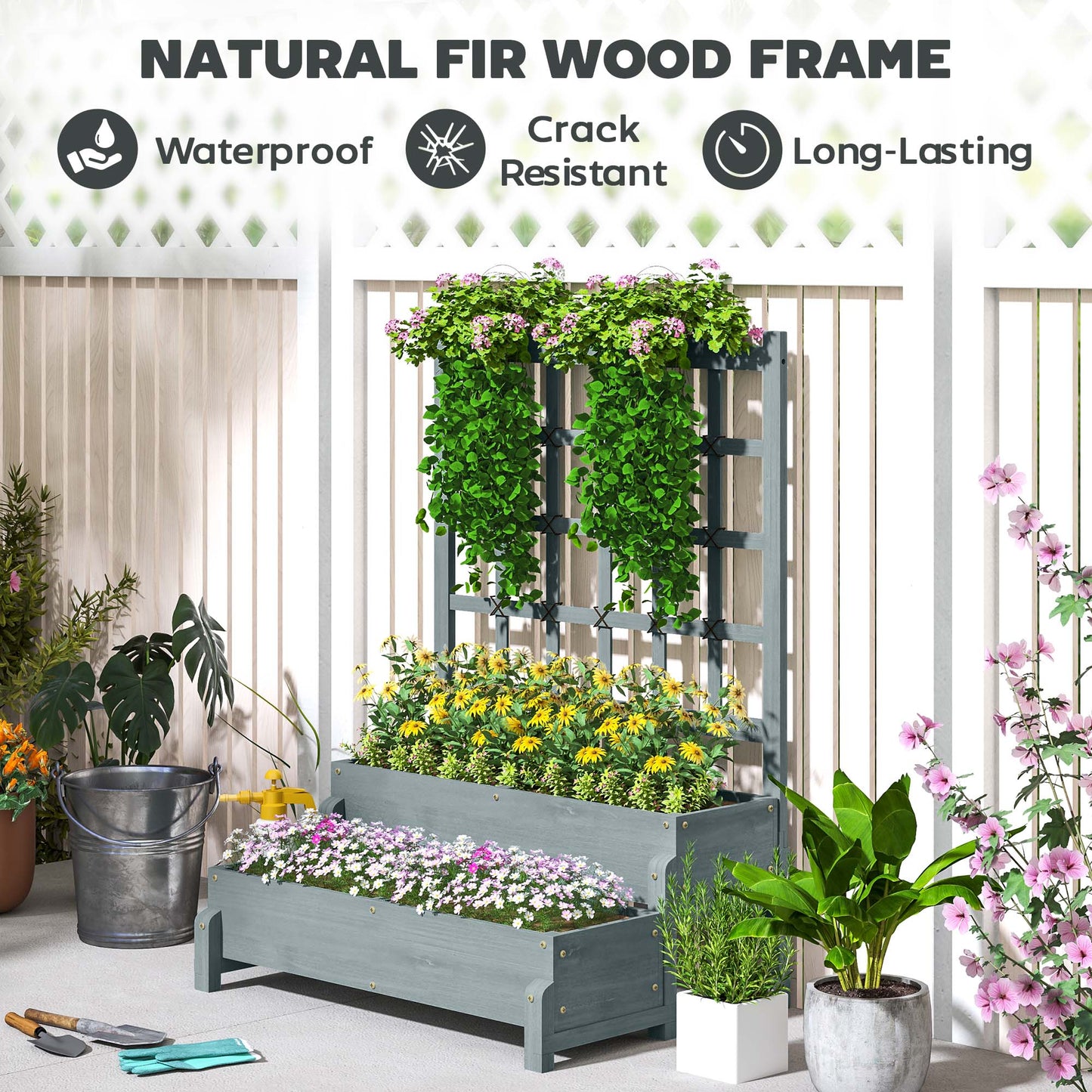 2-Tier Wooden Raised Bed with Trellis and Drainage Holes, Grey