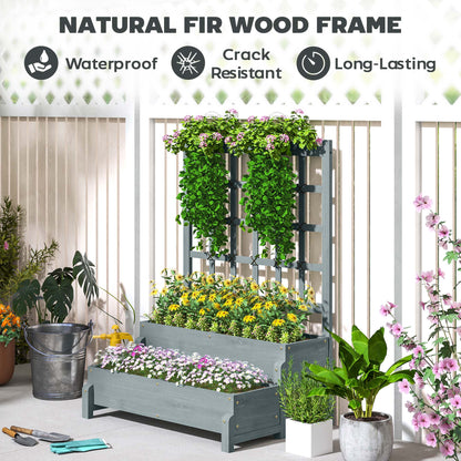 2-Tier Wooden Raised Bed with Trellis and Drainage Holes, Grey