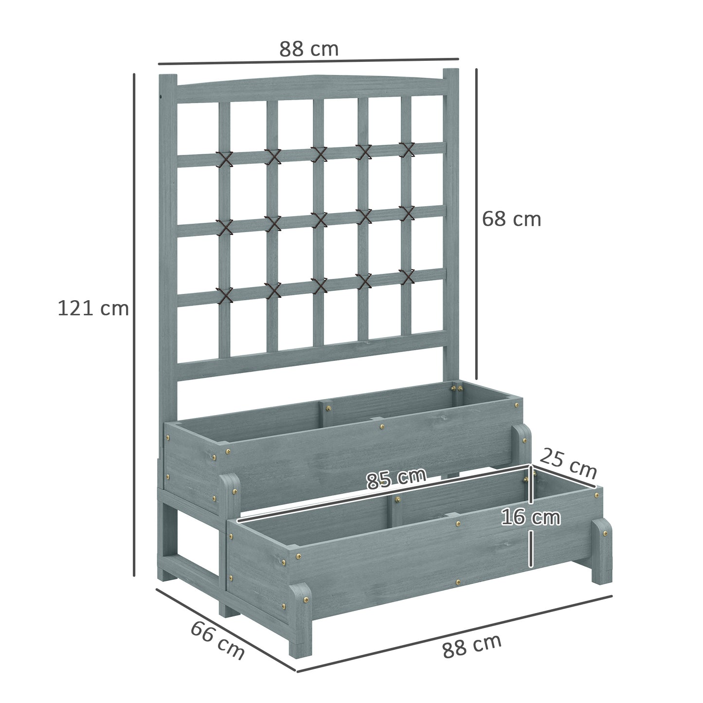 2-Tier Wooden Raised Bed with Trellis and Drainage Holes, Grey
