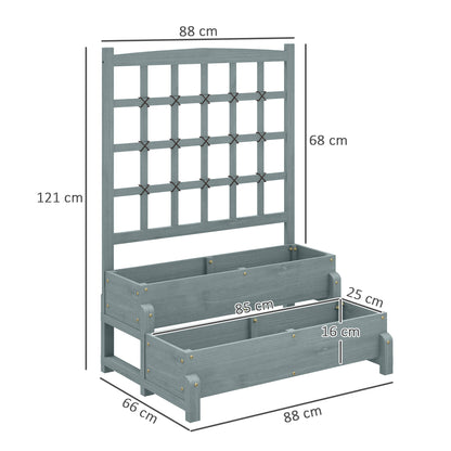 2-Tier Wooden Raised Bed with Trellis and Drainage Holes, Grey