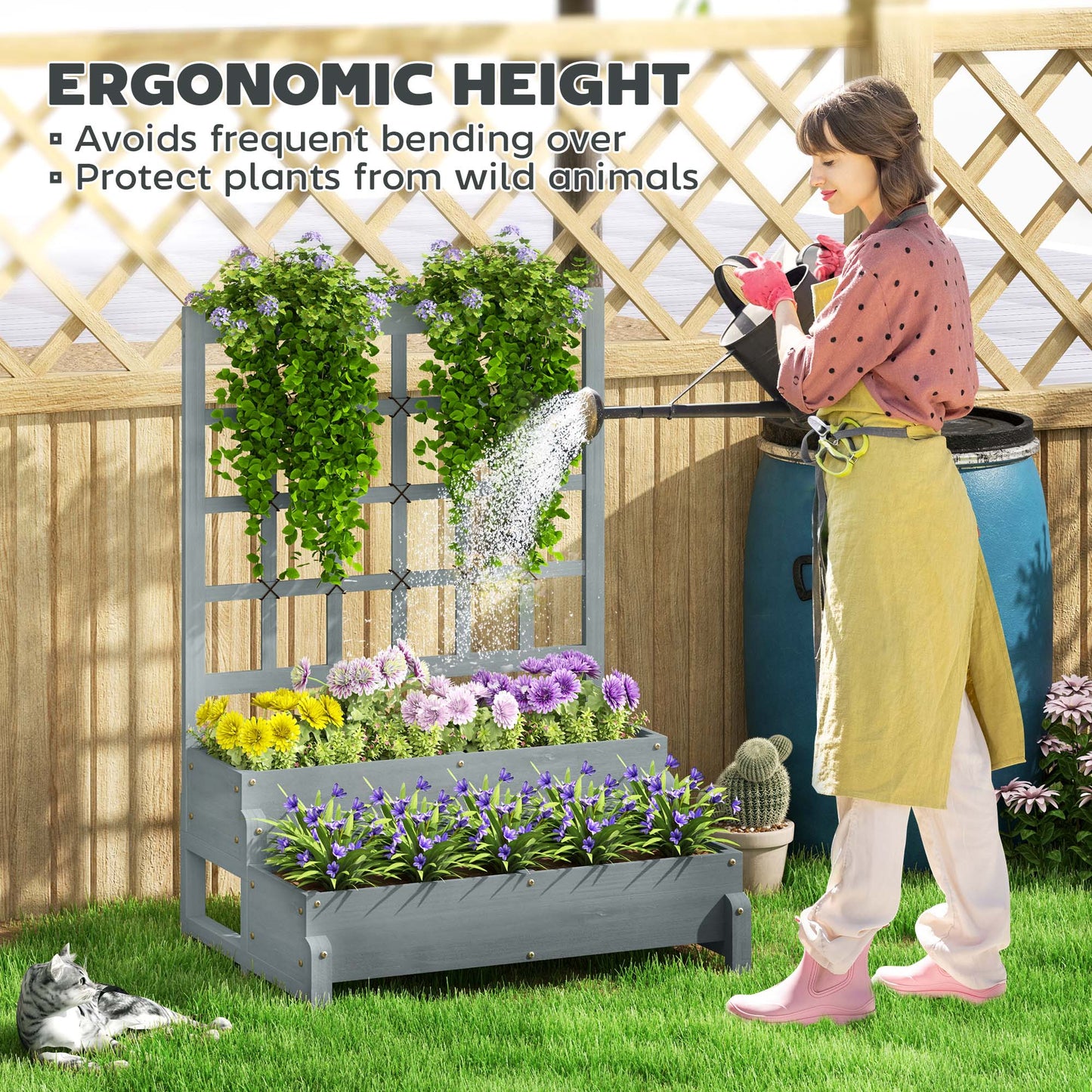 2-Tier Wooden Raised Bed with Trellis and Drainage Holes, Grey