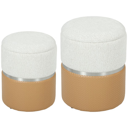 Round Storage Ottoman Set of 2, Nesting Footrest Stool, Cream & Brown
