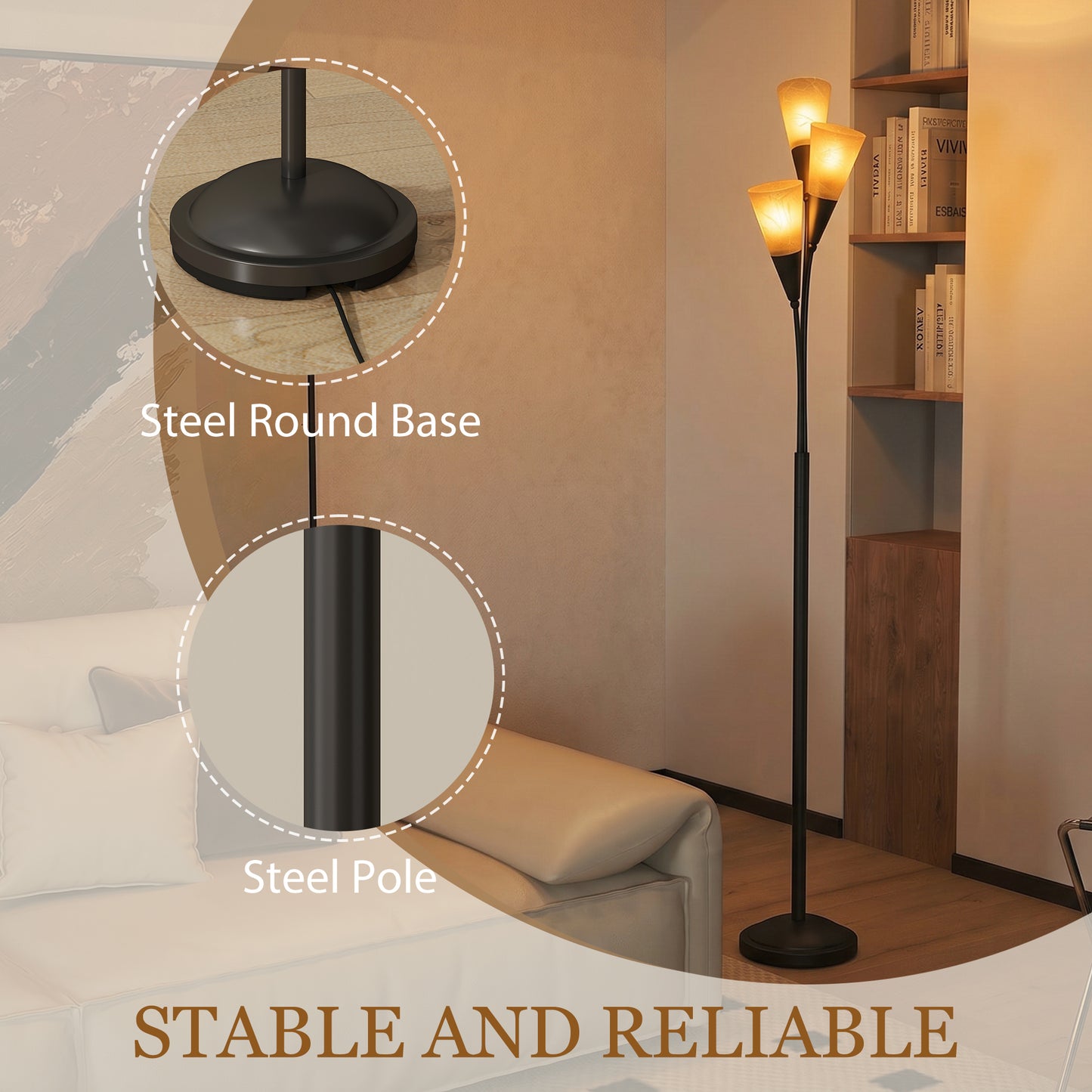 3-Light Upright Floor Lamps for Living Room, Modern Standing Lamp for Bedroom with Steel Base, Bulb not Included, Black