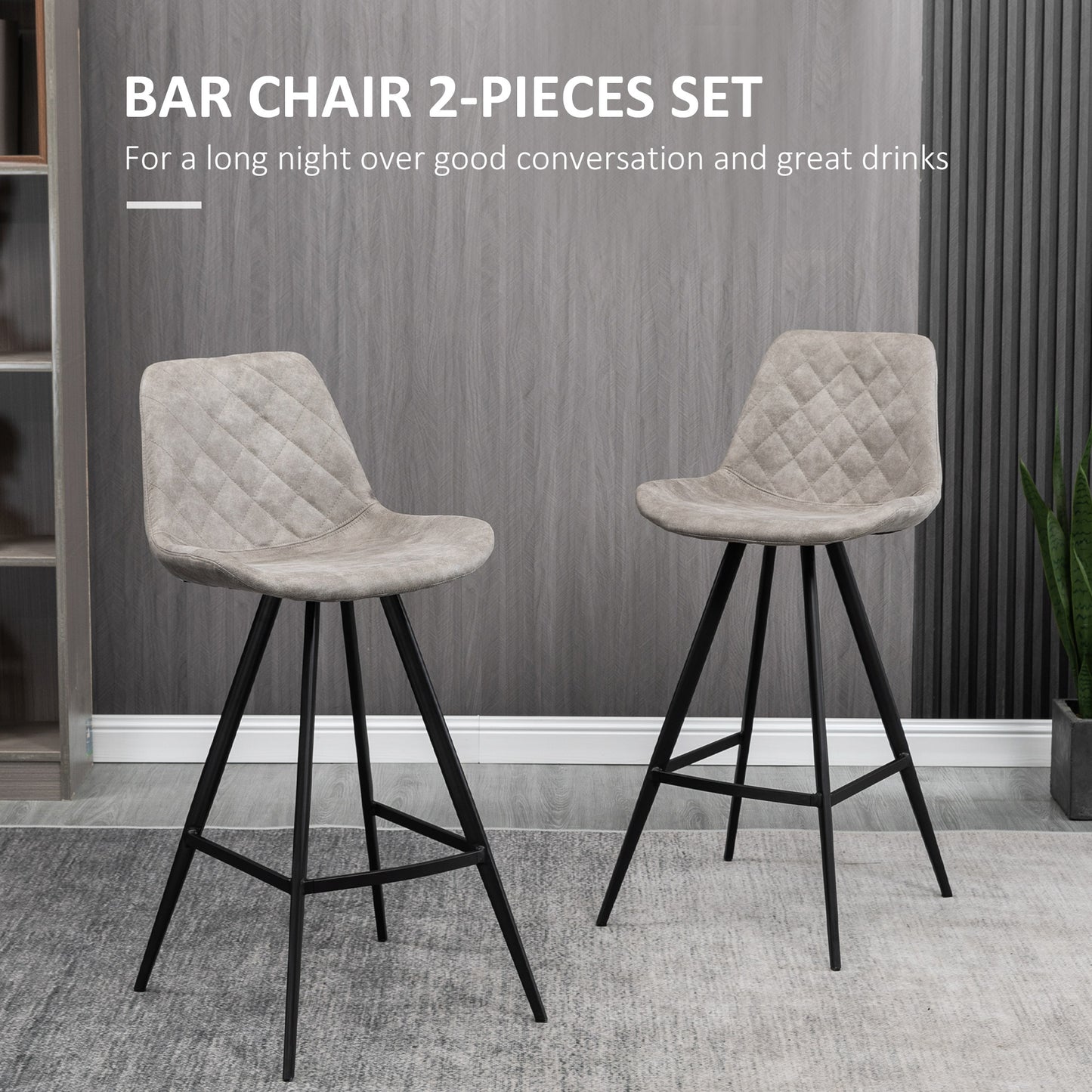 Set Of 2 Bar Stools Vintage Microfiber Cloth Tub Seats Padded Steel Grey