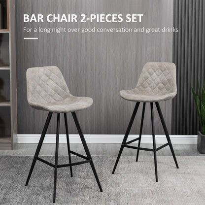Set Of 2 Bar Stools Vintage Microfiber Cloth Tub Seats Padded Steel Grey