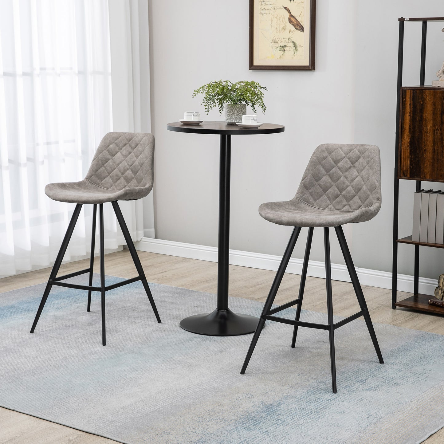 Set Of 2 Bar Stools Vintage Microfiber Cloth Tub Seats Padded Steel Grey