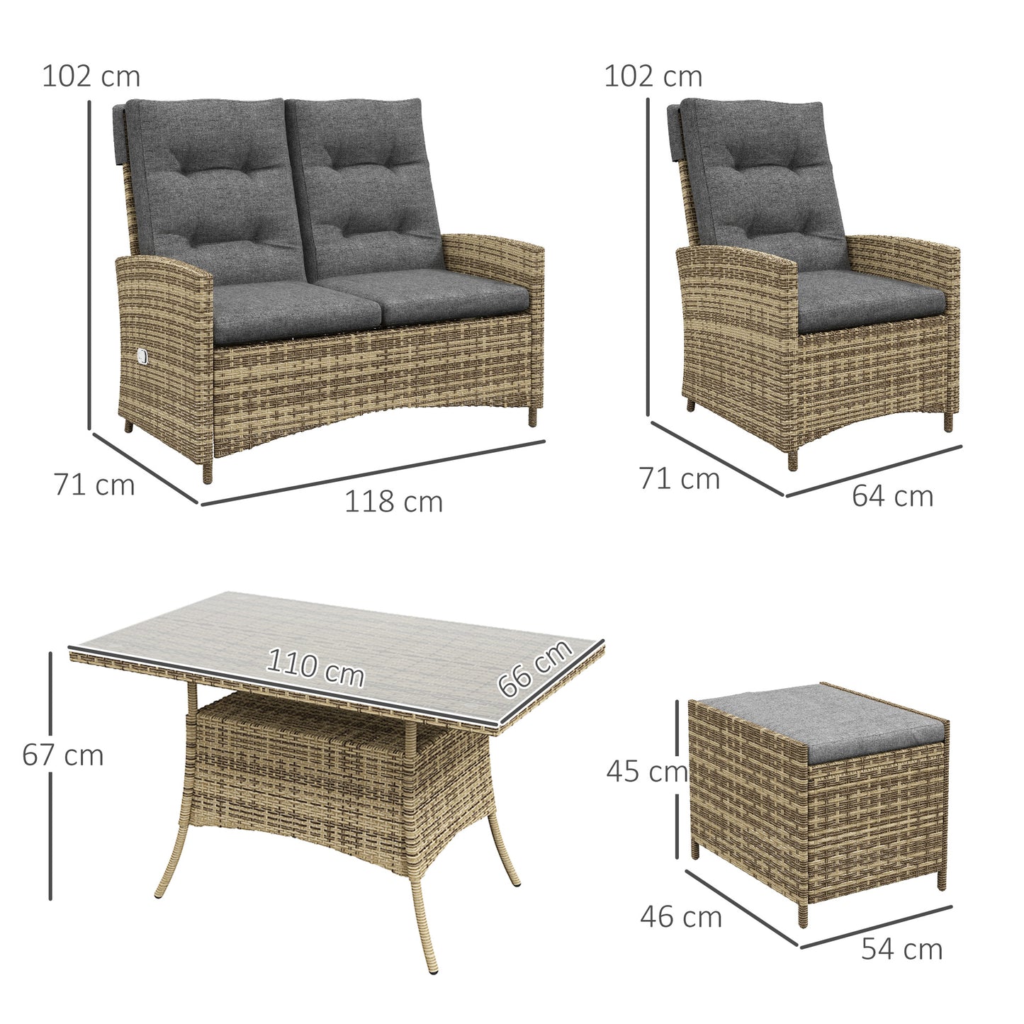 Rattan Dining Set for 6, 2 Reclining Chairs with Cushions, Grey