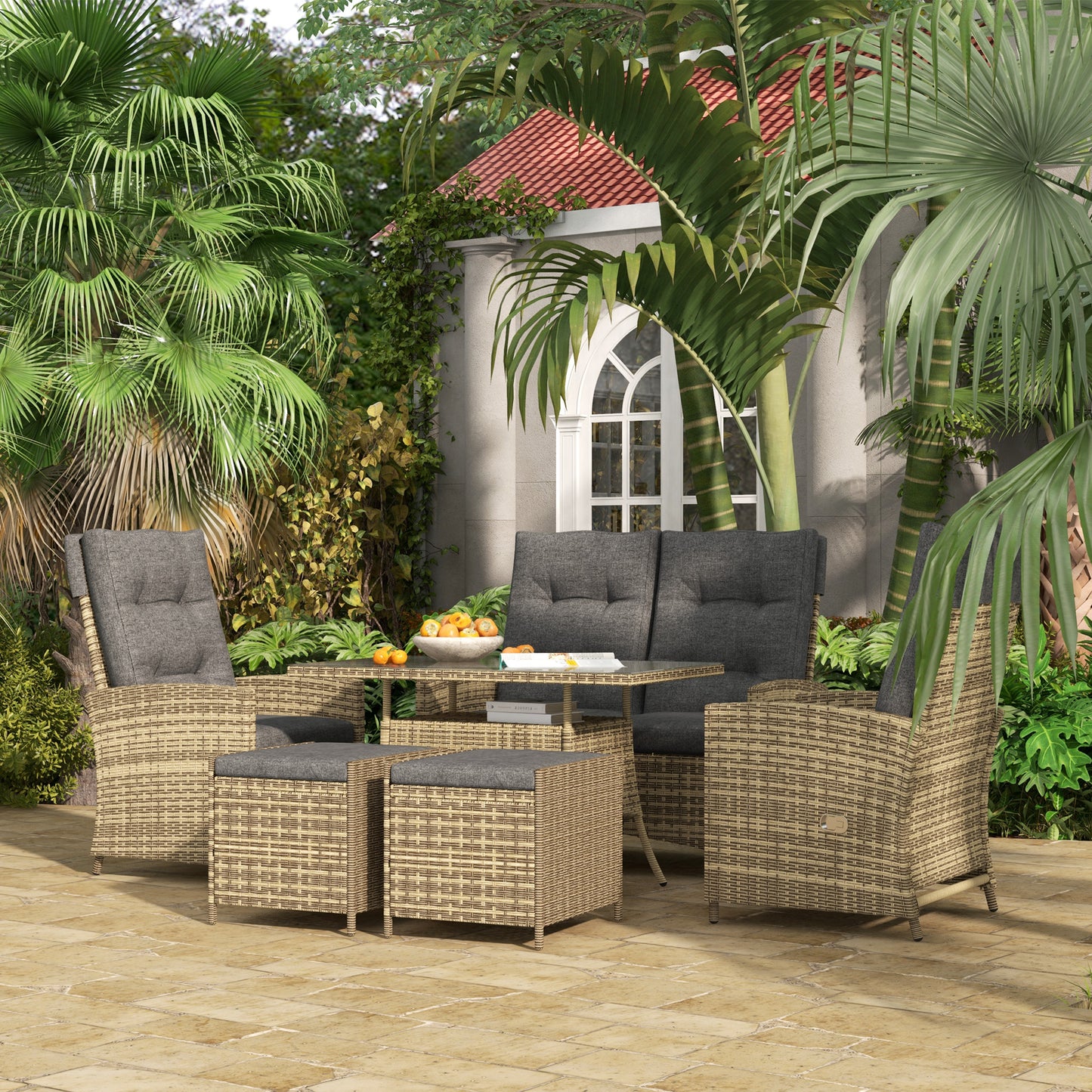 Rattan Dining Set for 6, 2 Reclining Chairs with Cushions, Grey