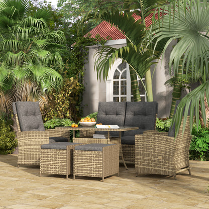 Rattan Dining Set for 6, 2 Reclining Chairs with Cushions, Grey