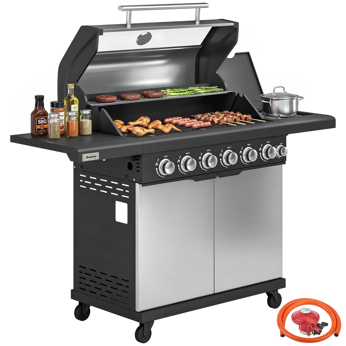 6+1 Burner Gas BBQ Grill, Barbecue Grill with Warming Rack, Silver