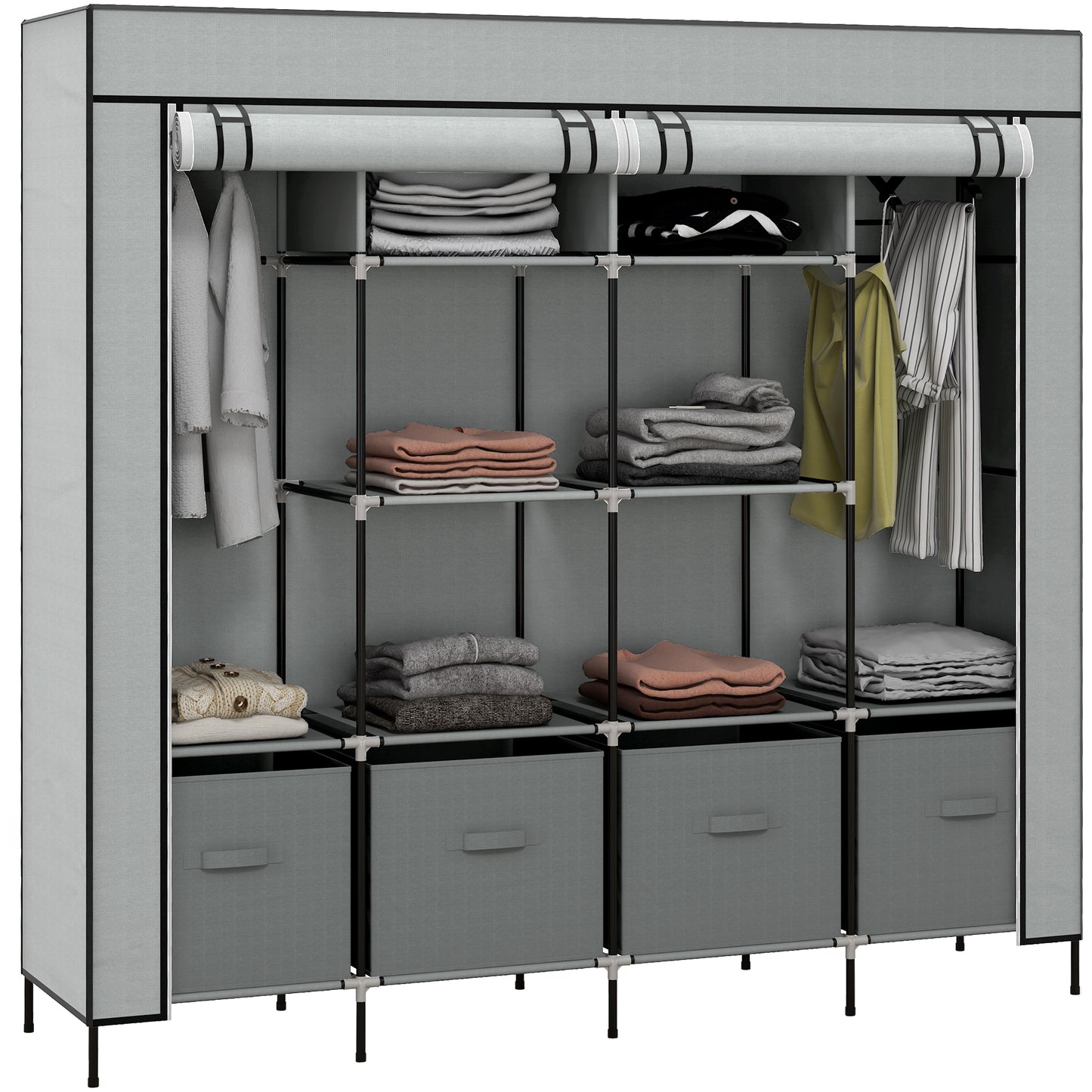 Fabric Wardrobe w/ 12 Shelves 2 Hanging Rails Foldable Closets